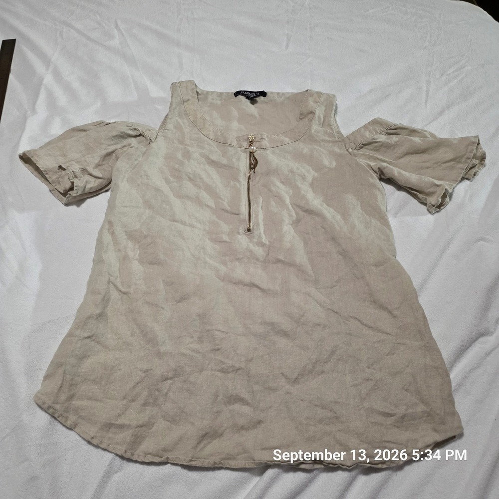 Ellen Tracy Women Beige 100% Linen Cold Shoulder Pearl Tassel Zip Blouse Medium